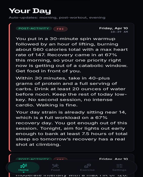 Verum home screen showing a post-activity coaching brief with recovery and nutrition guidance