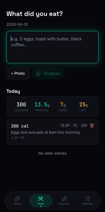 Verum food log with calorie and macro totals from a freeform meal description
