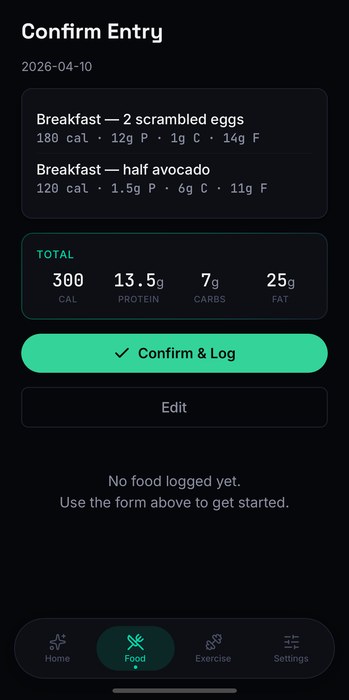 Verum confirm-entry screen with two AI-parsed breakfast items, calorie and macro totals, and a Confirm and Log button